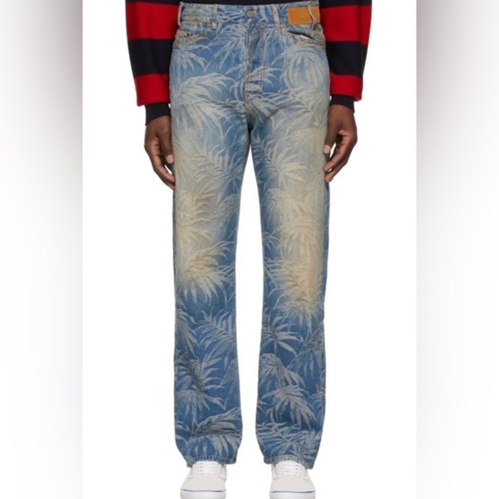 Palm Angels Mens Jeans Relaxed Fit Jacquard Denim Designer Logo Pattern